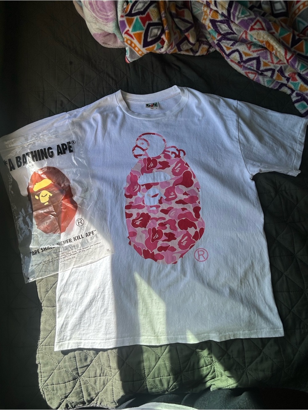 Bape White Tee with Pink Camo Ape Head